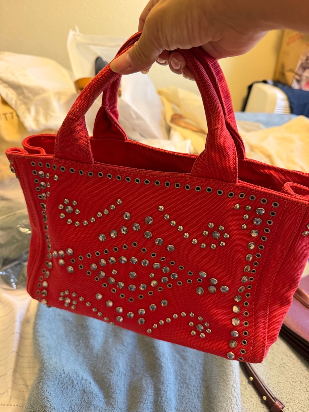 Red Studded Canvas Tote Bag - Women no inclusion preloved